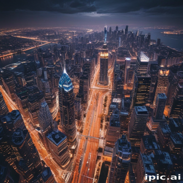 Stunning Aerial View of a Dazzling City Skyline at Night