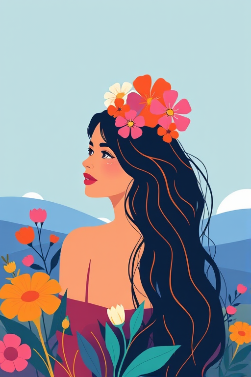 Use modern vector graphics flat design art with vibrant colors with a limited color pallete and simple shapes to create an illustration of a woman wearing flowers in her hair looking at the viewe