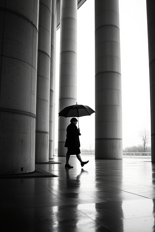 Create a high-contrast black and white photograph of a person walking with an umbrella among tall concrete pillars, using a 50mm lens at f/2.8, shutter speed 1/250s, ISO 100, taken from a low-angle perspective to enhance depth and shadows, in a cinematic style.