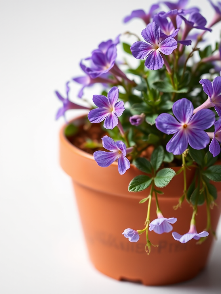 Create a high-quality image of a purple flower pot on a white background, shot with a DSLR camera at f/2.8 aperture, ISO 100, shutter speed 1/200 sec, using a macro lens and soft natural lighting to enhance details.