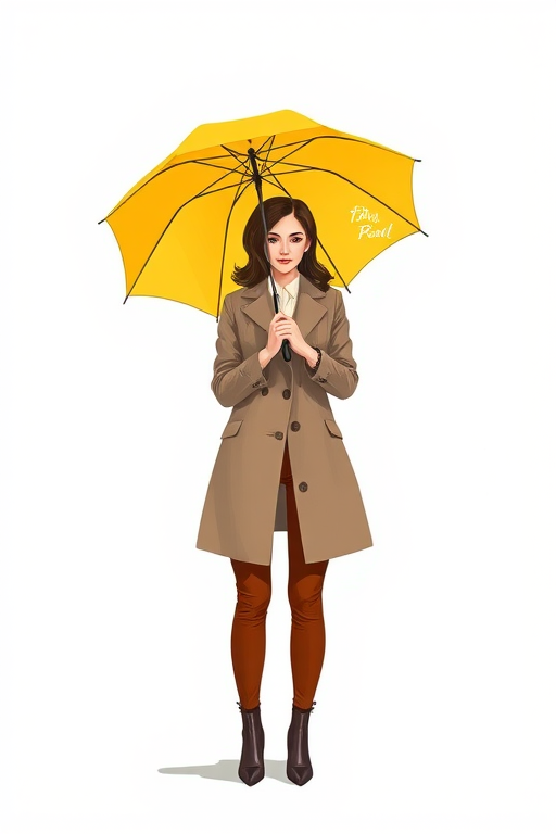 Create a vibrant illustration of a woman holding a yellow umbrella, dressed in a stylish coat and brown pants, standing in a minimalistic background, shot with a full-frame camera at f/2.8 aperture, ISO 100, 50mm lens, natural lighting to enhance colors and details.