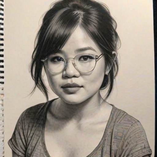 Lovely Kelly Marie Tran, pencil sketch, portrait of Dazzling woman 1927s in glasses, hair style beatnik, outline, clear lines, fine lines, 8k