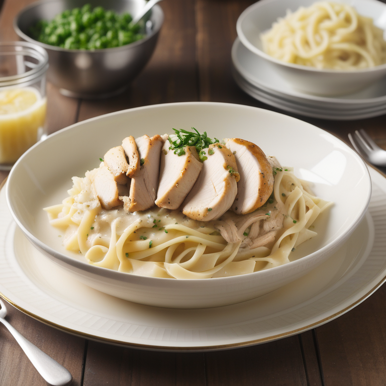 chicken noodles over mashed potatoes