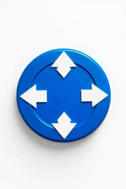Create a high-resolution image of a blue circular object with three white arrows pointing outward, using a Canon EOS R5 with a 50mm lens, aperture set to f/2.8, ISO 100, in a studio setting with softbox lighting from above, ensuring a clean white background to enhance contrast and detail.