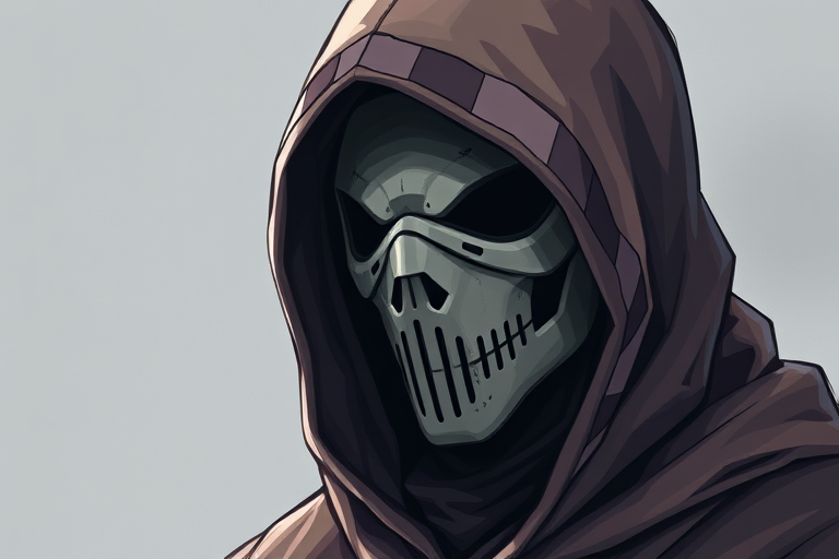 Create a high-resolution digital illustration of a hooded figure with a stylized mask, using a DSLR camera, ISO 200, aperture f/2.8, 50mm lens, and a soft focus background to enhance clarity and depth.
