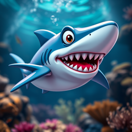 Create a vibrant cartoon shark with exaggerated features swimming in a playful manner, use a 50mm lens, f/2.8 aperture, ISO 100, shoot from a slightly low angle, use a digital camera, enhance color saturation for a lively effect.