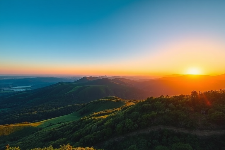 Generate a high-resolution image of a serene landscape with lush green hills and a clear blue sky at sunset, shot with a Canon EOS R5, 50mm lens, f/1.8 aperture, ISO 100, 1/200s shutter speed, in a wide-angle view for a breathtaking depth of field and vibrant colors.