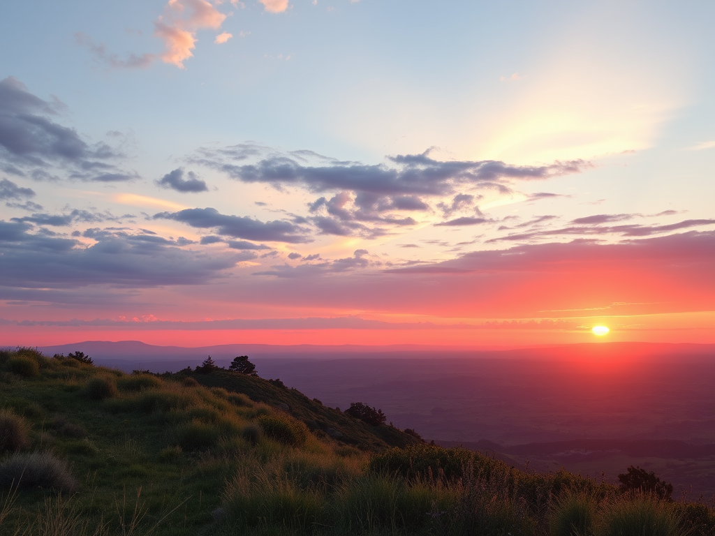 Create a high-resolution image of a serene landscape at sunset with vibrant colors, using a DSLR camera with a 50mm lens, aperture set to f/8, ISO 100, and a shutter speed of 1/250s, capturing a wide-angle view for depth and clarity.