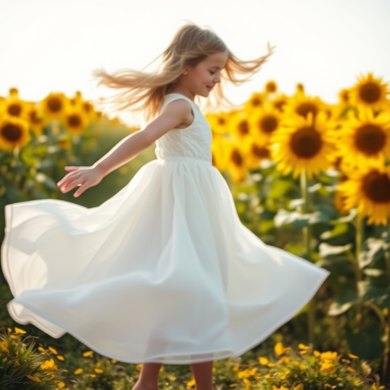 Blurry candid shot of a young girl twirling in a flowing white dress in a sunflower field, with her hair catching the sunlight and golden petals surrounding her in joyful abundance.