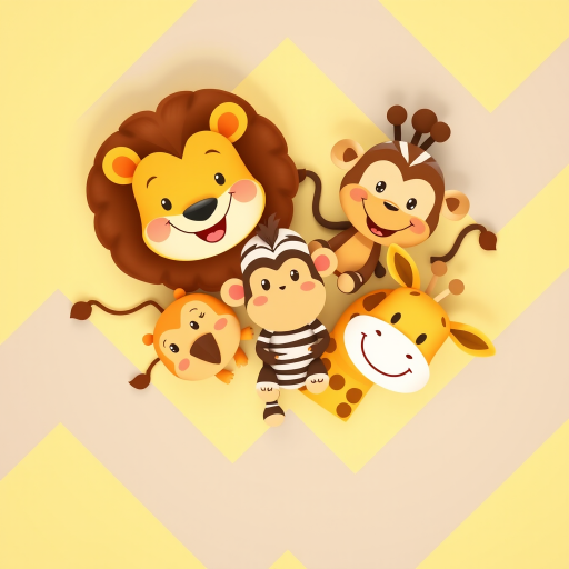 Create a vibrant illustration of four cartoon-style baby animals: a smiling lion, a playful zebra, a cheerful monkey, and a happy giraffe, set against a pastel zigzag background in yellow and grey, using a Canon EOS 5D Mark IV, ISO 100, f/8, 50mm lens, top-down perspective, soft focus for a whimsical effect.