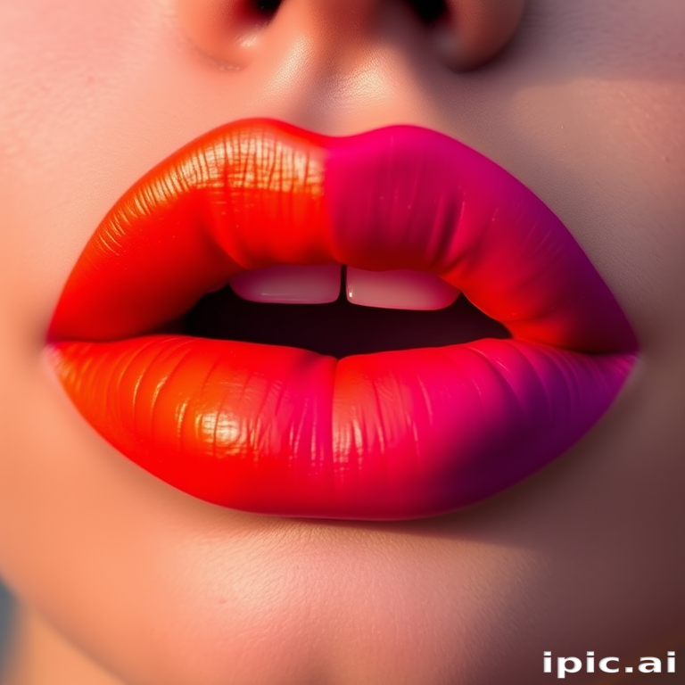 Mesmerizing ombre sunset lips transitioning from deep orange to vibrant purple, showcasing a gradient effect with a matte finish and defined cupid's bow