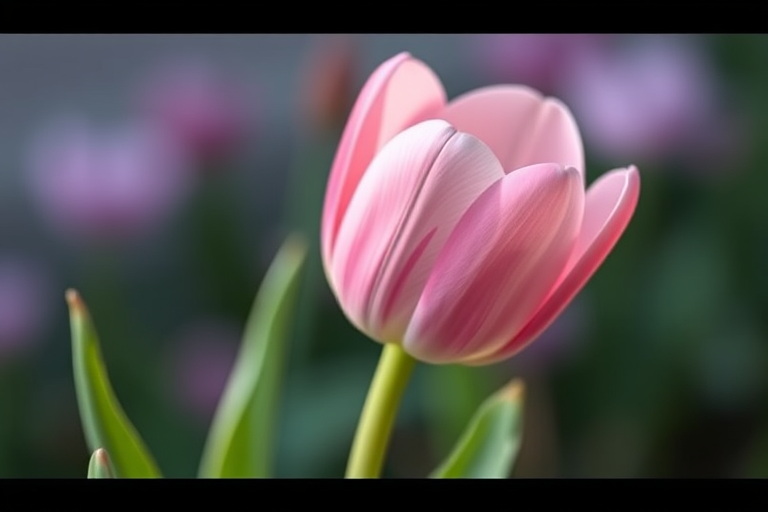 Generate a high-resolution image of a single pink tulip with a green stem and leaves, captured with a DSLR camera at f/2.8 aperture, 50mm lens, natural lighting, macro view to emphasize details, and a soft focus background for enhanced depth.