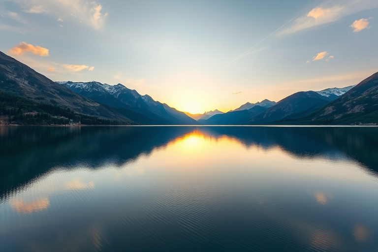 Generate a high-resolution landscape photograph of a serene lake surrounded by mountains during sunrise, capturing the reflection on the water, shot with a Canon EOS R5 at f/8, ISO 100, 1/320 sec, using a 24-70mm lens in a wide-angle view.
