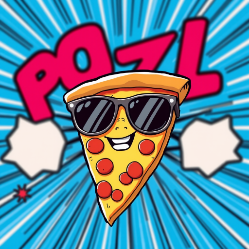 Create a cartoon-style image of a slice of pizza wearing sunglasses, set against a vibrant blue comic book background with rays radiating outward, use a Canon EOS R5, 50mm lens, f/2.8 aperture, ISO 100, and a shallow depth of field for enhanced image quality.