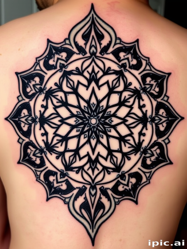 Geometric blackwork tattoo called "Sacred Symmetry" incorporating precise shapes and patterns to form a large-scale mandala design with negative space elements, creating a striking contrast on the skin