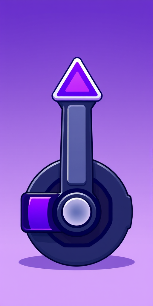 Create a high-resolution digital illustration of a graphical icon featuring a stylized lever mechanism with a purple element and a triangular shape on top, captured from a low angle using a DSLR camera, aperture f/2.8, shutter speed 1/200 sec, ISO 100, with a soft focus background for enhanced clarity.