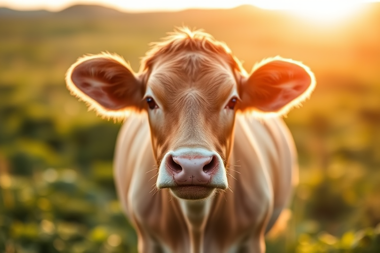A close-up shot of a light brown cow standing in a green field during golden hour, with a shallow depth of field to blur the background, DSLR camera, 50mm lens, aperture f/2.8, ISO 100, natural light.