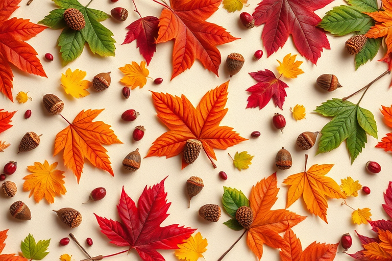 Create a vibrant autumn-themed pattern featuring various leaves, acorns, and berries in shades of red, green, and brown on a beige background, captured with a Canon EOS R5, 50mm lens, f/1.8 aperture, ISO 100, and natural lighting for enhanced detail and color clarity.