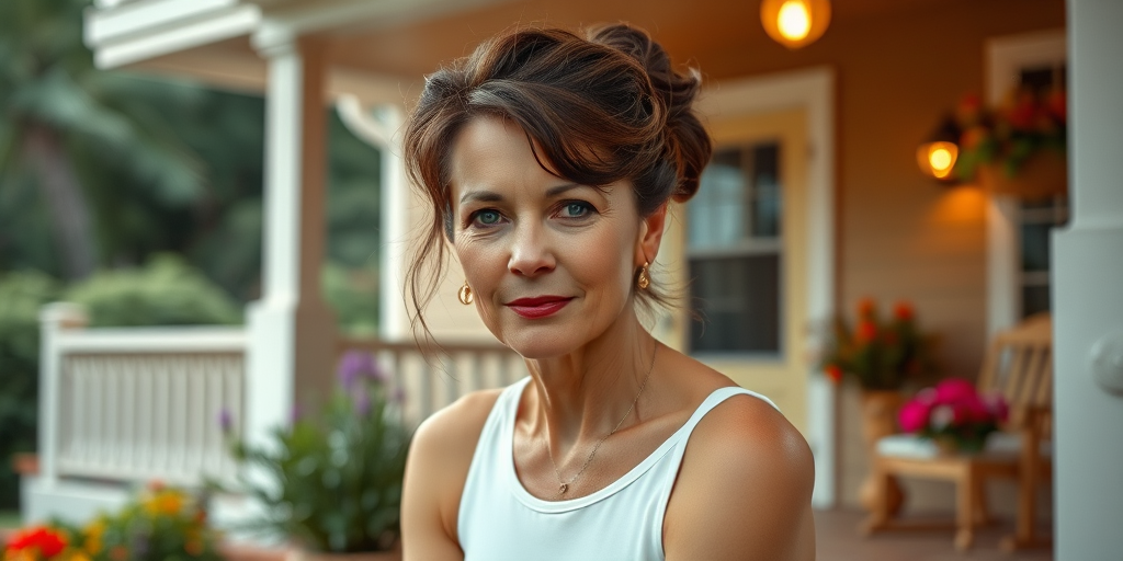 A photo of Jodie Foster with a background of a cozy porch. She has dark hair pulled back in an updo, with tendrils framing her face. She wears a white tank top and sits on the porch. The porch is part of a well-lit home with a warm, earthy tone and colorful flowers and foliage. The overall scene has a warm, welcoming, and comfortable ambiance.