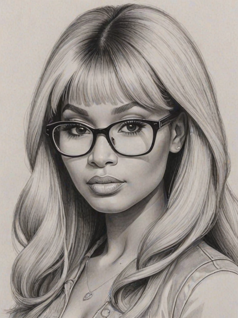 Wonderful Nicki Minaj, pencil sketch, portrait of Pleasing woman 1962s in glasses, hair style beatnik, outline, clear lines, fine lines, 8k