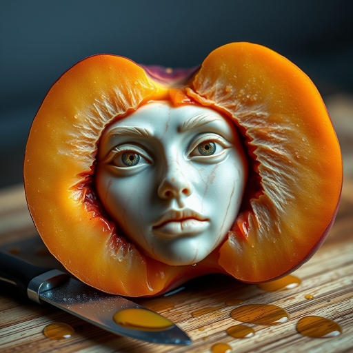 A hyperdetailed photorealistic macro color saturated high resolution image of a peach cut in half, with the peach pit being a highly detailed sculpted woman's face with her eyes open and peach-colored irises. The face has a marble texture. The image includes condensation, moisture, and peach juice. The peach is on a wooden cutting board with a small fruit knife nearby, also covered with juice.