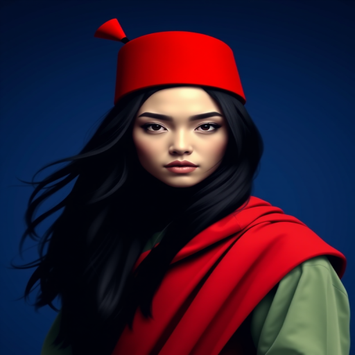 Create a vibrant digital portrait of a stylized figure with long black hair and a red fez, set against a deep blue background, captured with a high-resolution DSLR camera, aperture f/2.8, 50mm lens, soft focus effect, and a slight vignette for depth.