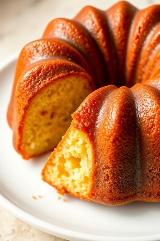 A close-up view of a freshly baked bundt cake with a golden brown crust and a soft, fluffy interior showing a slice cut out revealing its texture and color on a white plate
