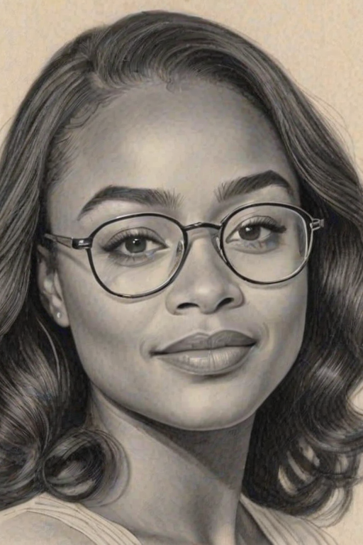 Exquisite Tatyana Ali, pencil sketch, portrait of Superb woman 1924s in glasses, hair style beatnik, outline, clear lines, fine lines, 8k