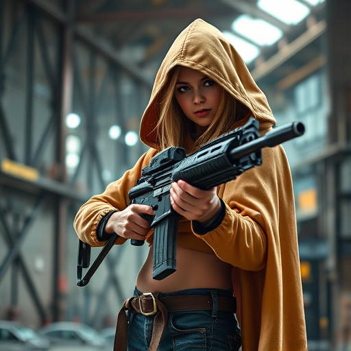Create an image of a female character in a tan hooded cloak holding a futuristic rifle in a post-apocalyptic industrial setting, with vibrant colors and high detail, using a DSLR camera at f/1.8, ISO 100, and a focal length of 50mm, shot from a low angle.