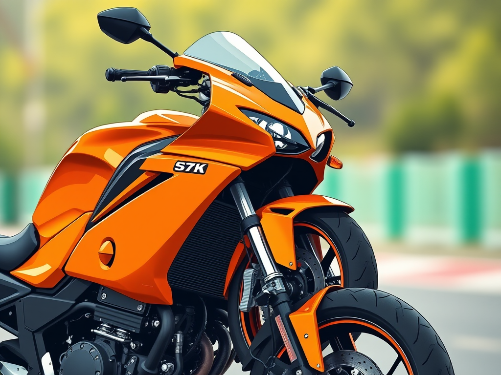 create a high-resolution, vibrant illustration of an orange sports motorcycle at a slight angle, using a DSLR camera set to f/8, ISO 100, with a 50mm lens and a shallow depth of field to enhance details and create a soft background blur.