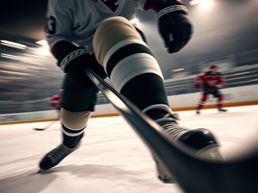 Hockey player in action on ice with intense focus, dynamic motion blur, low-angle shot, artificial lighting creating a dramatic effect, ISO 800, aperture f/4, shutter speed 1/500 sec, DSLR camera with a 24-70mm lens.