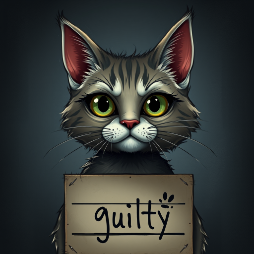A comical cartoon-like scruffy cat, battered, dirty, with a mug shot and 'guilty' written on the board, in a whimsical and surreal art style with dark fantasy themes, dramatic lighting effects, minimalist and abstract touches, hyper-realistic details, textured backgrounds, vintage aesthetics, playful and exaggerated characters, gothic aesthetics, intricate designs, detailed patterns, and artistic composition