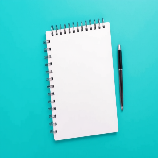 Create a high-resolution image of a blank spiral notebook with a smooth white surface and a sleek pen resting beside it, using a Canon EOS R5 camera with a 50mm lens at f/2.8 aperture, ISO 100, and a 1/200 sec shutter speed, captured from a top-down perspective on a solid teal background.