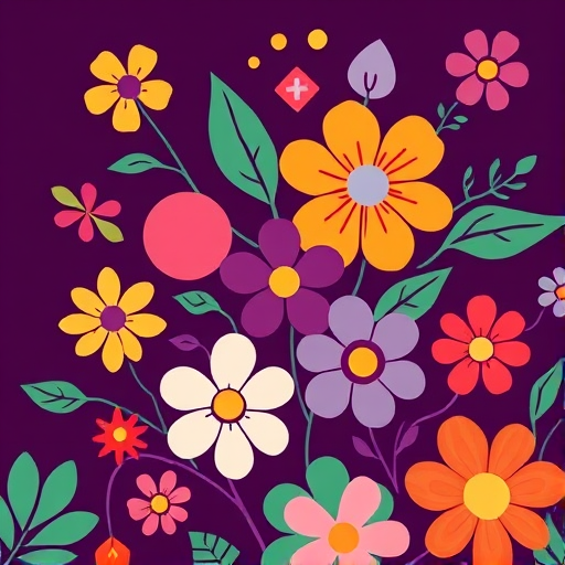 Create a vibrant and colorful floral pattern with a dark purple background, featuring a variety of stylized flowers and abstract shapes, using a high-resolution digital art style, macro lens, f/2.8 aperture, ISO 100, 50mm focal length, and soft lighting to enhance color depth and detail.
