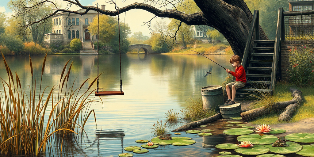 Imagine a small group of old fashioned young boys out fishing by the creek, a swing hanging from a tree branch, reeds and grasses by the water's edge, a frog sitting on a lily pad, dragonflies hovering over som water plans, a very iconic old fashioned scene reminiscent of a Norman Rockwell painting style