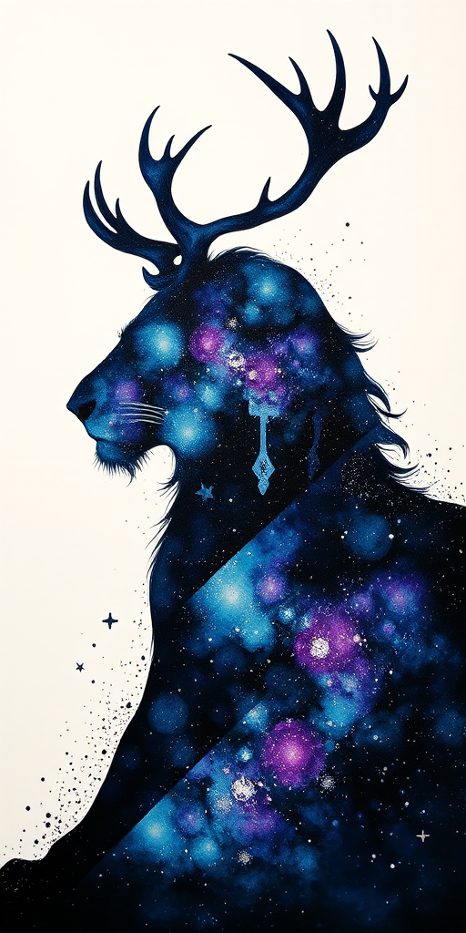 Captivating conceptual render alcohol ink art, double exposure, the paint strokes artfully merge combining a woman's full silhouette with a Elegant elk's silhouette. The figures are composed of a series of colored dots, lines & spots that evoke the image of a cosmic galaxy, colors are deep shades of blue purple & black with flashes of white & silver representing distant stars. The woman's silhouette is formed within the lion's silhouette from constellations of scattered stars, surreal