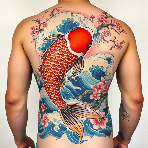 Japanese-inspired irezumi tattoo named "Koi's Ascension" featuring a large-scale, full-body design of a vibrant koi fish swimming upstream through turbulent waves and cherry blossoms, symbolizing perseverance and transformation, with bold colors and flowing lines characteristic of traditional Japanese tattooing techniques