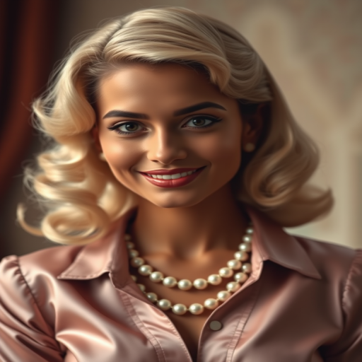 A beautiful Pakistani woman reminiscent of 1950s Hollywood glamour, with perfectly styled blonde hair and a seductive smile, dressed in a satin blouse and adorned with pearls, soft and warm tones, photorealistic, 8K