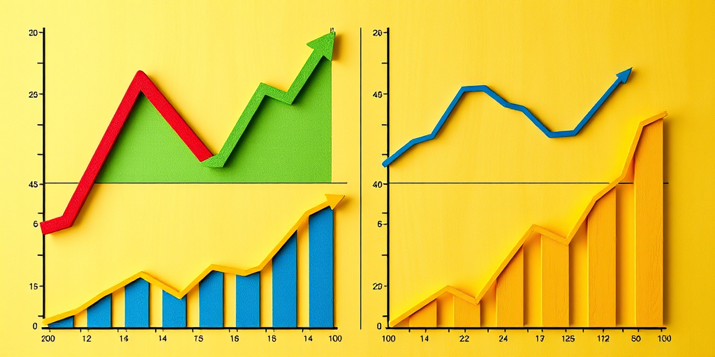 Create an image of four colorful graphs arranged in a grid: one red upward trend, one green downward trend, one blue downward trend, and one yellow upward trend, shot with a DSLR camera, aperture f/8, ISO 100, focal length 50mm, high dynamic range for enhanced detail.