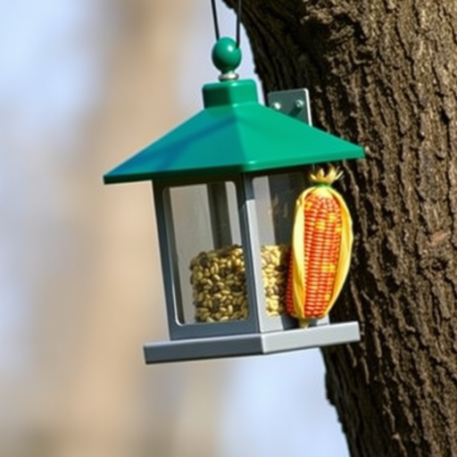 Create a high-resolution image of a bird feeder mounted on a tree trunk with a green roof, featuring a glass front showing seeds inside and a corn cob on the side; use a DSLR camera with a 50mm f/1.8 lens, set to aperture f/2.8, ISO 200, and a shutter speed of 1/250s, captured in natural light with a shallow depth of field for a soft background blur.