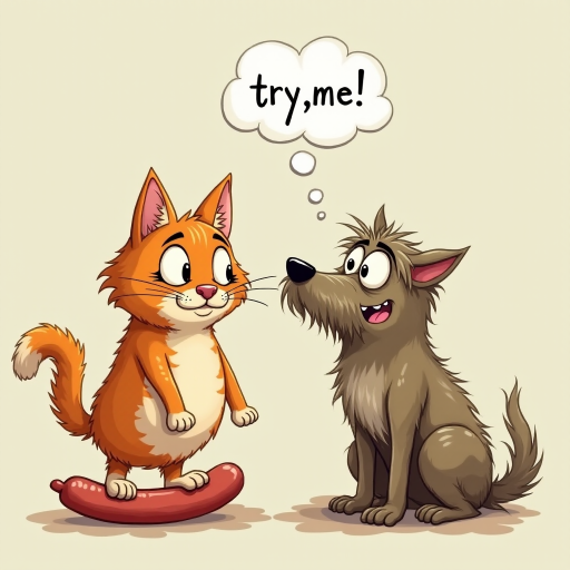 caricature of a silly whimsical fluffy cat with a mean look she has one foot on a sausage and is looking at an old scraggly big dog the cat has a thought bubble above her head that says “try,me"