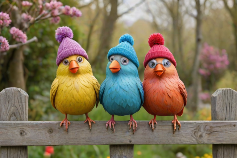 create a scene of 4 quirky  whimsical colourful comical birds each with a funny expression. they are sat on a wooden fence with colourful flowers. they are all different sizes. each one is a different colour  one is wearing a woolly hat. Each one has a different quirky google expression and there is a muted background of trees watercolour paintierly style high definition 8k resolution 3D paper mache