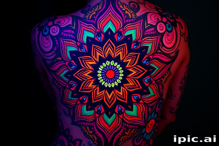 Psychedelic tattoo titled "Kaleidoscope Dreams" showcasing swirling, vibrant patterns and mandalas that seem to move and shift, incorporating UV-reactive ink for an extra dimension in blacklight