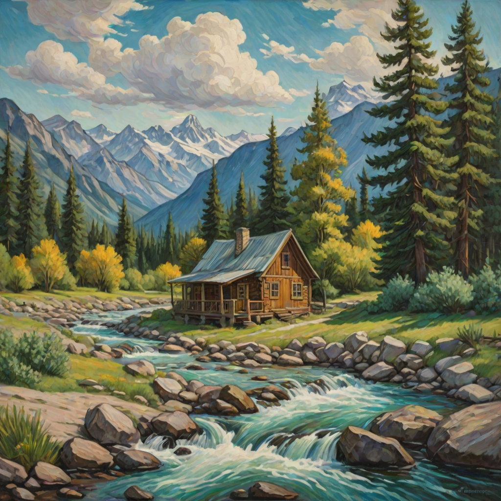 This Van Gogh-inspired painting depicts a peaceful scene of a small cabin located near a flowing river. The scene is surrounded by lush vegetation, including tall trees and rocky terrain. In the background, majestic mountains rise under a sky filled with rolling clouds. The river gently cascades over the rocks, adding a sense of movement and tranquility to the scene. The use of vibrant colors and detailed brushstrokes create a sense of depth and harmony in the natural setting.
