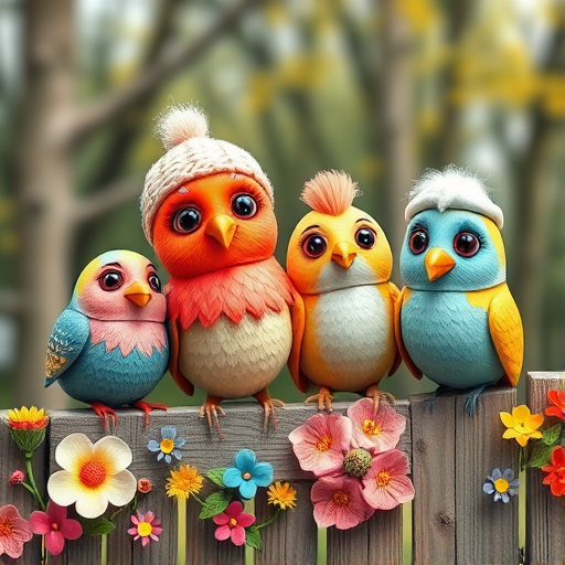 create a scene of 4 quirky  whimsical colourful comical birds each with a funny expression. they are sat on a wooden fence with colourful flowers. they are all different sizes. each one is a different colour  one is wearing a woolly hat. Each one has a different quirky google expression and there is a muted background of trees watercolour paintierly style high definition 8k resolution 3D paper mache