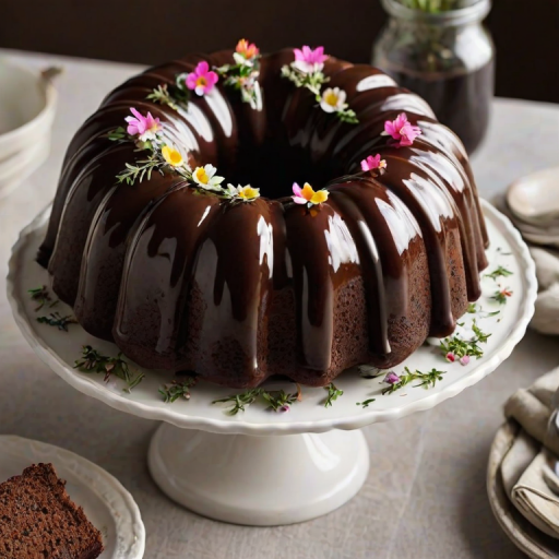 Create a visually appealing image of a chocolate bundt cake with a glossy glaze. The cake should be decorated with fresh herbs or edible flowers on top, placed on a simple white cake stand. The background should be neutral and softly lit to highlight the cake's rich texture and details.