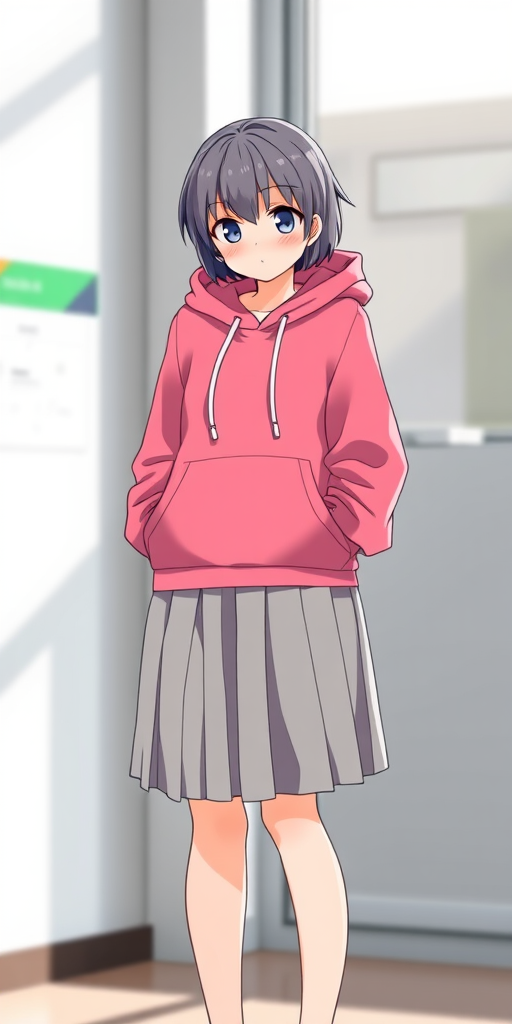 Generate an anime character wearing a pink hoodie and a gray pleated skirt, standing in a relaxed pose with hands in pockets, shot with a 50mm lens at f/1.8, under soft natural lighting, using a Canon DSLR camera in portrait mode.