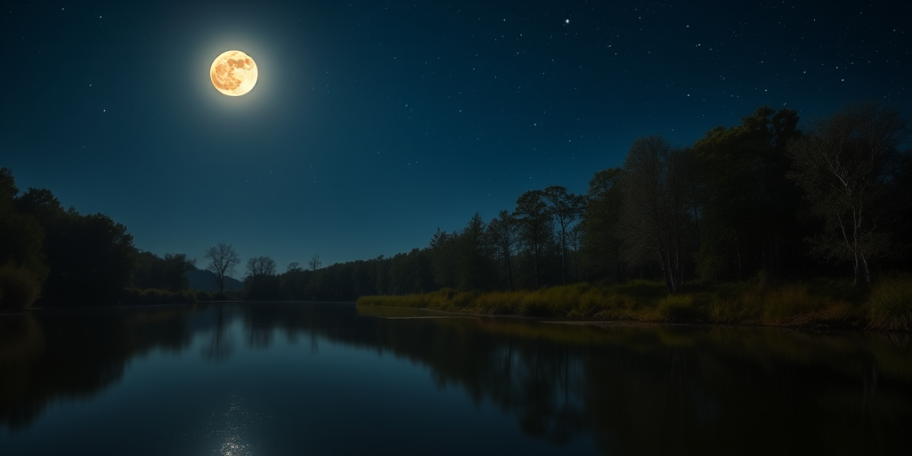 moonlit landscape with a large bright moon above a calm river reflecting trees and starry sky, shot with a Nikon D850, 50mm lens, f/1.8, ISO 100, long exposure, soft focus for a dreamy effect