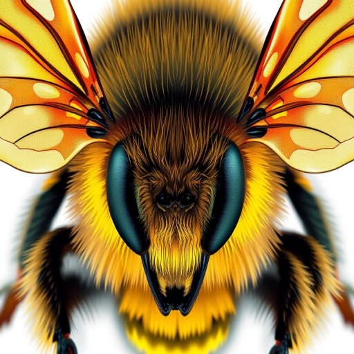 Generate a high-resolution illustration of a bee, showing detailed wings and body texture, using a macro lens with an aperture of f/2.8, 1/200 sec exposure, shot from a top-down perspective, with vibrant colors and sharp contrasts, in a digital art style.