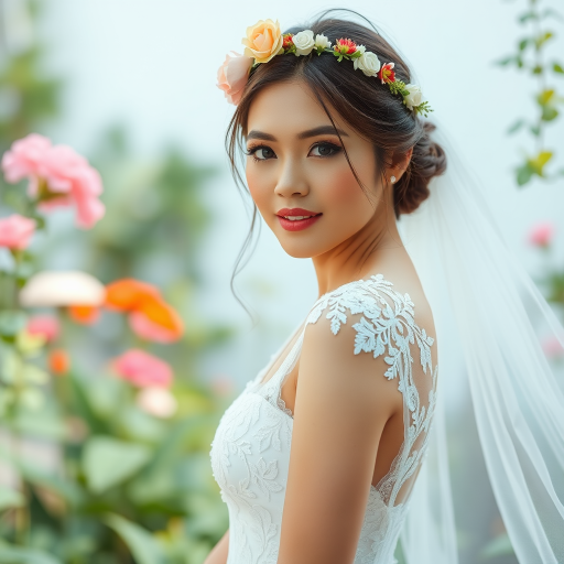 garden scene, Filipina bridal model, delicate lace gown, floral headpiece, soft romantic focus, high-key lighting and an 85mm lens for soft, even tones that highlight the model’s face and bright outfit against a white or light background